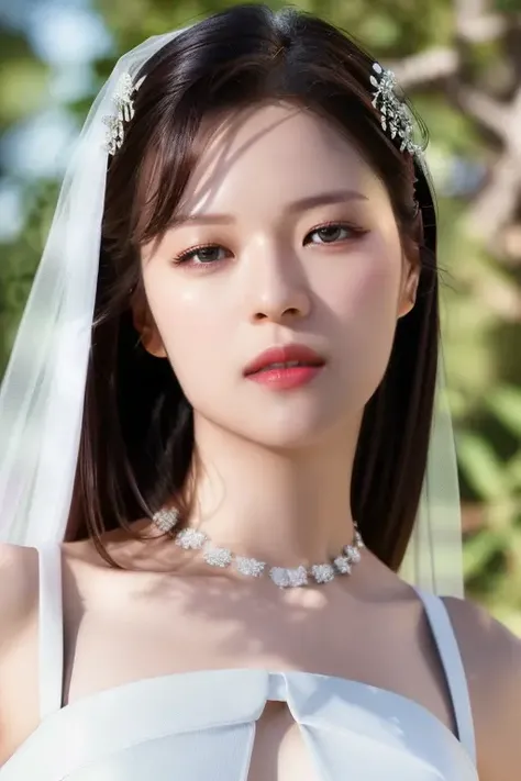 black hair, <lora:twiceJeongyeonV1:1>,Jeongyeon,(close-up photo:1.3),(pov:1.1),korean, woman, complex 3d render ultra detailed, portrait of beautiful woman,, moody portrait, striking features, beauty, intricate details, dramatic composition, tension, contrast, texture, realism, high-quality rendering, stunning art, high quality, film grain, Fujifilm XT3,swirly bokeh,(realistic, photo-realistic:1.4),RAW photo,physically-based rendering,(looking at viewer:1.4),(8k, best quality, masterpiece:1.2),(full body shot:1.1),octane render,extremely detailed CG, unity 8k wallpaper,(studio soft light, rim light,in forest,sunlight:1.2),standing,(a girl is wearing wedding dress:1.5),hyper realistic detail shiny skin,ultra detailed,(ultra realistic:1.5),(intricate:1.2),(photorealistic:1.4),1girl,(skinny:1.3),detailed background