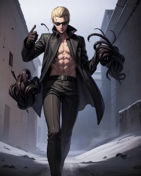 4k wallpaper, illustration, Volumetric_Lighting, ultra-detailed, very aesthetic, intricate details, 8k, masterpiece, best_quality, BREAK albert wesker, 1boy, blonde, black gloves, (sunglasses:1.3), belt, black pants, looking at viewer, toned, athletic, fit, (slicked back hair:1.4), bare chest, mature male, short hair, <lora:Albert_Wesker_Ouroboros:1> (black tendrils on body), orange pustule-like organs that emerged in the center of his chest and back, black boots, glowing pustules, (focused, intense glare), (reddish orange eyes), slit pupils, (angular face, sharp_featured face), (vigilant and clever), (navigating the harsh arctic environment), BREAK (Dutch Angle view Extreme Close shot (focus on legs)), BREAK, best quality, perfect anime illustration, highly detailed, high resolution, high quality, OverallDetail, Illust-InstaFilter, Best_QualityPos, Earth-QualityPos, BodyPositive, prettify, hotify, <lora:neg_bdsqlsz_V2:0.4>, anime, best quality, (masterpiece:1.4), (high quality:1.4), sharp focus, <lora:hyperdenoiser_v090:1>, <lora:hyperrefiner_v090:1>, <lora:add_detail:0.6>, 4k, absurd resolution, ah1, bad-hands-5, Stable_Yogis_PDXL_Positives, AS-Adult, AS-MidAged, (solo:1.5),