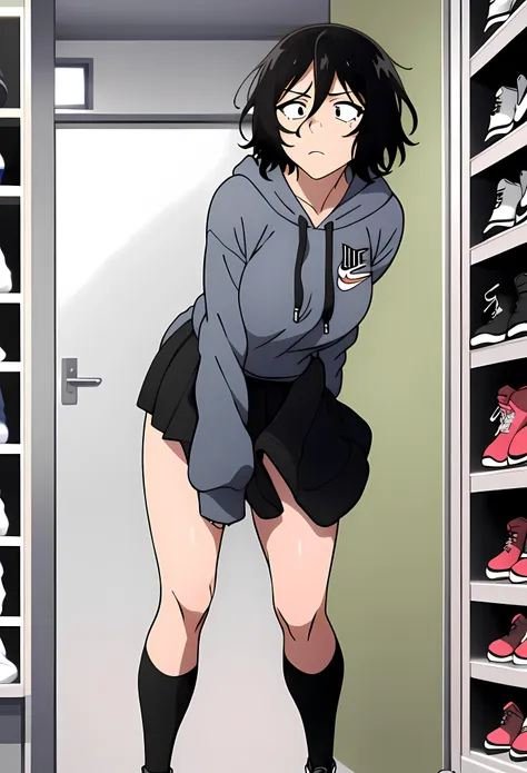 ((best quality)),((highly detailed)),masterpiece,absurdres,detailed face,beautiful face,(detailed eyes, deep eyes),(1girl),((dynamic pose)),  1girl, <lora:AkiraV1:0.7>,Akira, wearing  black hair, solo, short skirt, (Nike, wearing Nike Hoodie, white oversized Nike hoodie:1.1), short hair, standing,( Inside a clothing store, clothing store, clothing racks),  sanpaku, indoors, messy hair, constricted pupils, bags under eyes, hair between eyes, long sleeves, looking at viewer, closed mouth, frown, breasts, black eyes, miniskirt, wide-eyed, bangs, black skirt,  medium breasts,