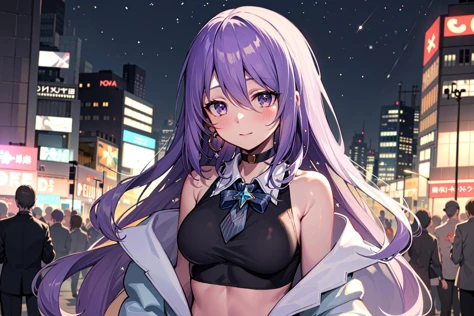 masterpiece, best quality, <lora:moonaHoshinova_v1:0.7>, moona hoshinova, crop top, ribbon, long hair, jacket, spats, outdoors, night, crowd, city, close-up, purple eyes, choker,