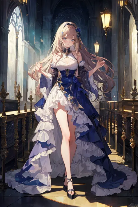 (masterpiece), (best quality), perfect proportion, perfect anatomy, cinematic lighting,
fantasy medieval palace, party hall, night, full body,
1girl, 18 years-old, absurdres adorable beautiful face, wearing fantasy colorful ruffled party gown, noble luxury beautiful gown,