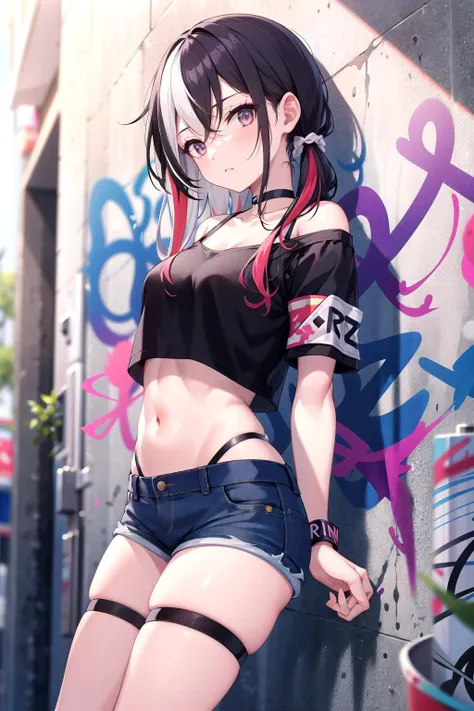 (masterpiece), Highest quality, One girl, , 8-year-old, Cute  girl, Flat Chest, Black Hair, Very long hair, View your viewers, She wears a sturdy collar made of bright red leather., 
Strapless clothing, White lace outfit, Expose the clavicle, Not wearing a bra, Erect nipples, Lace frills on the chest, The frills make the skin look translucent., Flip up the frills to show your breasts, Belly button, A bulging belly, Exposing the flanks, 
Not wearing panties, denim micro mini shorts, Extremely low cut shorts, Extremely low rise shorts, Ultra-short shorts that show off your V-line, Expose your hips, Shorts are unbuttoned, She unzips her shorts, Open the front of your shorts, She pulls down her shorts, She has taken off her shorts so you can see her crotch, I can see the pussy, She purposely shows off her pussy, I can see the crotch lines, she has no pubic hair, 
White thigh-high socks, Walking around town, Standing in a crowd,