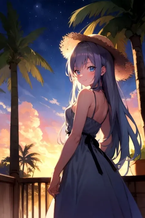 (anime, tone mapped:1.2),(exceptional, best aesthetic, best quality, masterpiece, newest, extremely detailed:1.2), 4k, 8k,extremely intricate detailed, perfect body proportion, perfect anatomy, (((cinematic lighting))), vivid color, high contrast, (((strong saturated color))), BREAK
((outdoor)), scenery, night sky, sunset, clouds, cloudy, coconut tree, foliage, potted plants, treehouse on right, balcony BREAK
original, 1girl, upper body, 19 years-old, (((looking at right))), side angle view, active pose, sexy bleary blue eyes, cute beautiful kawaii anime face, ((happy face)), long grey hair, sleeveless summer dress, wearing straw hat, (((eye contact to viewer))), (((perfect hand)))