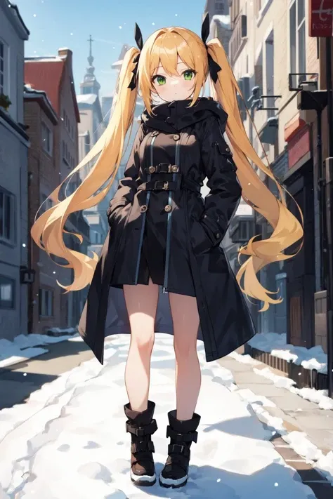 (masterpiece:1.2),best quality,perfect anatomy,extremely detailed,
BREAK
cute girl,shiny skin,solo,very long hair,small breasts,twintails,
cute eyes,(green eyes:1.3),(yellow hair:1.3),
BREAK
winter coat,closed coat,
BREAK
snow,winter,city,street,
BREAK
looking at viewer,character focus,full body,
BREAK
