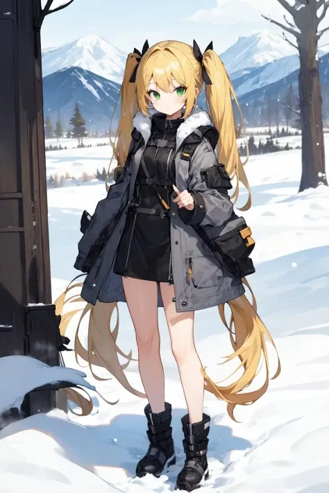 (masterpiece:1.2),best quality,perfect anatomy,extremely detailed,
BREAK
cute girl,shiny skin,solo,very long hair,small breasts,twintails,
cute eyes,(green eyes:1.3),(yellow hair:1.3),
BREAK
winter coat,closed coat,
BREAK
mountain,snow,winter,
BREAK
looking at viewer,character focus,full body,
BREAK