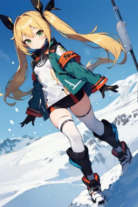 (masterpiece:1.2),best quality,perfect anatomy,extremely detailed,
BREAK
cute girl,shiny skin,solo,very long hair,small breasts,twintails,
cute eyes,(green eyes:1.3),(yellow hair:1.3),
BREAK
snow clothes,
BREAK
mountain,snow,flower,
BREAK
looking at viewer,character focus,full body,
BREAK