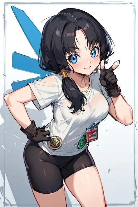 masterpiece, best quality, highres, videl2, solo, blue eyes, black hair, twintails, black gloves, bike_shorts, bangs, white shirt, badge, medium breasts, <lora:videl_v3:0.7>, cowboy shot, naughty smile, naughty face, hand on hip, leaning forward, pointing at viewer,