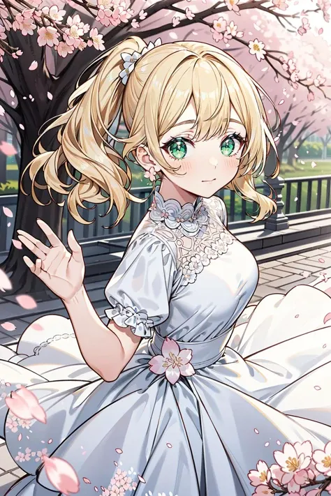 masterpiece, best quality, elegant, beautiful eyes, cute face, gorgeous face, perfect body,
medium hair, wavy hair, side ponytail, blonde hair, green eyes, white dress, medium breasts, narrow waist, glitter,
dynamic pose, depth of field, close-up, outdoors, wind, cherry blossoms,
