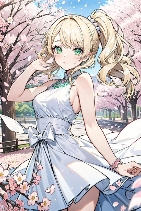 masterpiece, best quality, elegant, beautiful eyes, cute face, gorgeous face, perfect body,
medium hair, wavy hair, side ponytail, blonde hair, green eyes, white dress, medium breasts, narrow waist, glitter,
dynamic pose, depth of field, close-up, outdoors, wind, cherry blossoms,