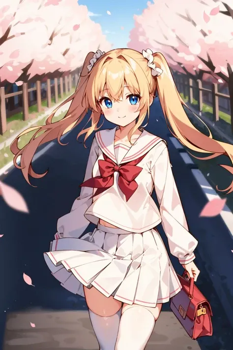 1girl, solo, thighhighs, blue eyes, twintails, long hair, skirt, smile, school uniform, blonde hair, outdoors, bag, black thighhighs, shirt, cherry blossoms, collarbone, bowtie, blurry, zettai ryouiki, bow, sailor collar, blush, looking at viewer, petals, blurry background, long sleeves, bangs, white skirt, hair ornament, red bow, pink shirt, wind lift, serafuku, very long hair, closed mouth, standing, hair between eyes, shiny, day, scrunchie, white sailor collar, tree, wind, floating hair, shiny hair,