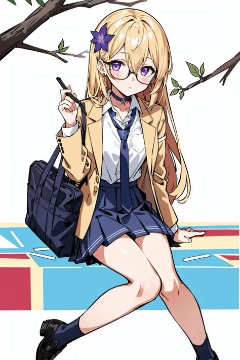 1girl, solo, long hair, skirt, necktie, glasses, bag, sitting, looking at viewer, blonde hair, blue necktie, shirt, white shirt, school uniform, purple eyes, jacket, pleated skirt, leaf, branch, choker, collared shirt, flower, blue skirt, black footwear, bangs, black choker, long sleeves, holding, school bag, blush, shoes, hair between eyes, yellow jacket