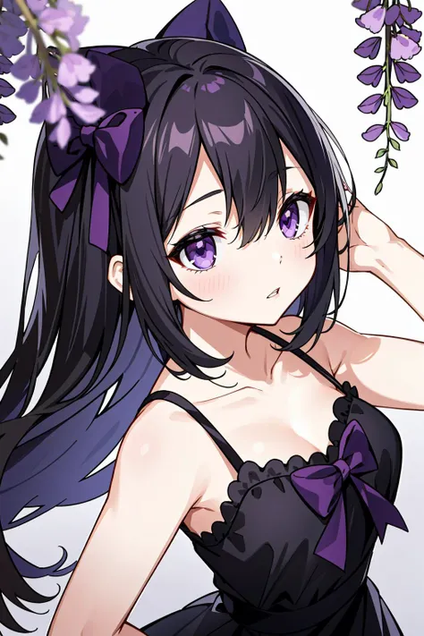 1girl, wisteria, solo, purple eyes, long hair, dress, bangs, purple flower, sleeveless, flower, sleeveless dress, blush, upper body, collarbone, hair between eyes, black hair, hair bow, bow, black dress, parted lips, blurry, hand up, looking up, bare arms, purple bow, bare shoulders, breasts, depth of field