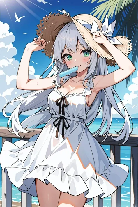 1girl, solo, hat, dress, long hair, food, straw hat, white dress, breasts, green eyes, looking at viewer, popsicle, cleavage, bangs, collarbone, ribbon, sleeveless dress, armpits, mouth hold, medium breasts, sleeveless, cowboy shot, wrist ribbon, blush, standing, white hair, railing, sundress, sun hat, very long hair, outdoors, arm up, food in mouth