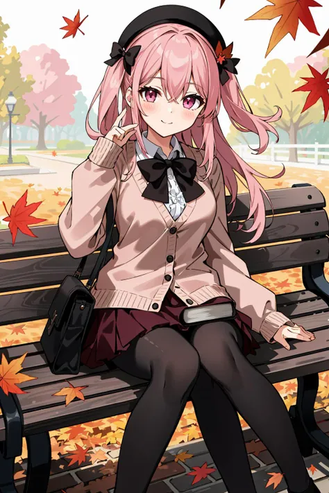 1girl, solo, pantyhose, long hair, smile, bench, pink hair, autumn leaves, sitting, breasts, outdoors, skirt, hat, leaf, black pantyhose, looking at viewer, bow, beret, book, blush, red eyes, park bench, bangs, feet out of frame, cardigan, long sleeves, day, medium breasts, closed mouth, shirt, autumn, maple leaf, two side up, pink eyes, black bow, sky, hair between eyes, on bench, blurry, frills, purple bow, hand up, falling leaves, sleeves past wrists