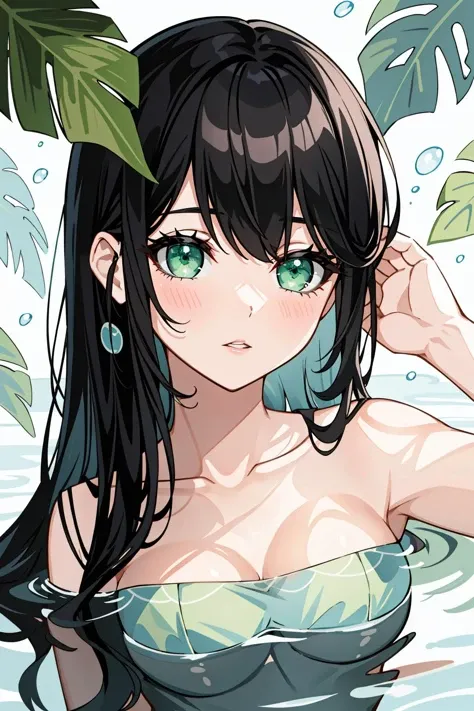 1girl, solo, green eyes, black hair, looking at viewer, long hair, parted lips, leaf, water drop, bangs, collarbone, hair between eyes, hand up, close-up, bare shoulders, portrait, eyelashes