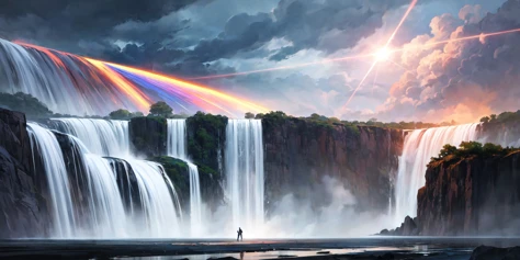 Concept art, landscape of a Dynamic The Victoria Falls, warm space, Stormy weather, Movie still, Regret, Indirect light, colorful, vivid colors, masterpiece, best quality, absurdres, highest quality, amazing details, <lora:add_detail:1>