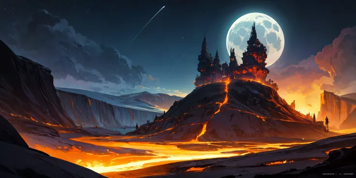 landscape of a Serene Glowing Paradise, Sephardic lava pit, Moon in the night, side light, epic fantasy, colorful, vivid colors, masterpiece, best quality, absurdres, highest quality, amazing details, <lora:add_detail:1>
