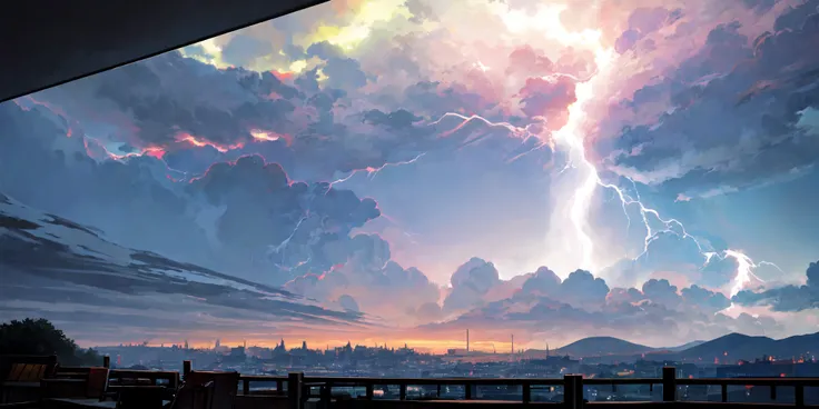 A spacecraft flies among storm clouds on a rainy afternoon Lightning cuts through the cloudy sky, in the sky, other ships fly towards a large city, in the background seen from above the storm, in 3D, hyperrelism in the scene;, definition in all elements in the scene, cores semelhantes a Ghibli, matte painting digital --auto