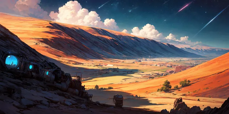 Technical illustration, landscape of a Valley, Stars in the sky, Smiling, intricate background, Post-Apocalyptic, Infrared, colorful, vivid colors, masterpiece, best quality, absurdres, highest quality, amazing details,  <lora:add_detail:1>