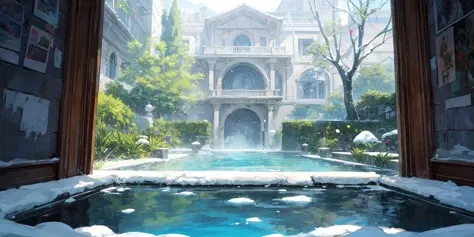 Gopro footage, landscape of a Art studio from inside of The Water Gardens of Dorne, [South African:Prussian:4] water, Snowing, Flustered, Analytical Art, Selective focus, colorful, vivid colors, masterpiece, best quality, absurdres, highest quality, amazing details,  <lora:add_detail:1>