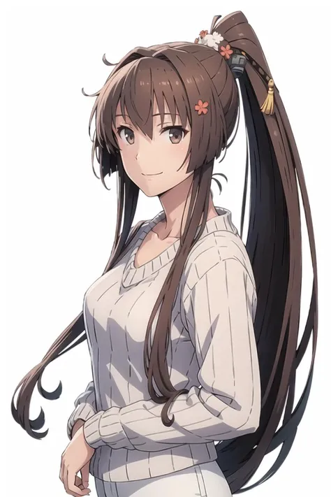 best quality,
1girl, solo,
looking at viewer,
upper_body, white_background, (view from front),
portrait, <lora:yamato:0.8:lbw=1,1,1,1,1,1,1,1,1,1,1,1,0,0,0,0,0>ponytail, very long hair, hair intakes, yamato_\(kancolle\), smile,
(spring_costume), brown ribbed_sweater, long_sleeves, white_pants, collarbone,, <lora:CSA-MLU-v0.1:0.6>ShizumaCSA,