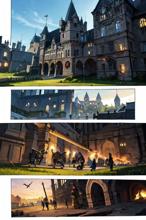 graphic novel from the year 2000,dynamic angle,best quality,masterpiece,intricate details,combat (2boy Castle siege with trebuchets.),