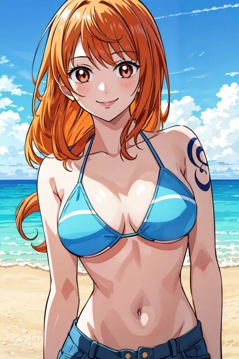 Nami wears a bikini top and super red miniskirt, uma obra-prima , Retrato bonito , arte de anime digital detalhada , Muito detalhes Artgerm haha, deviantart artstation cgsscosiety , fanart melhor artstation, Artgerm. alto detalhamento, seios grandes, olhando para baixo.