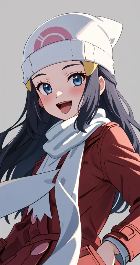 best quality,masterpiece,highres,solo,{:1.15},long_hair,hat,hair_ornament,beanie,white_headwear,hairclip,sleeveless,smile,blue_eyes,eyelashes,blush,black_hair,blue_hair,open_mouth,grey_eyes,1girl,coat,looking_at_viewer,red_coat,scarf,white_scarf,:d,long_sleeves,tongue,sidelocks,star_\(symbol\),white_background,upper_body,<lora::1>,hikari_pokemon,<lora:hikari_pokemon:1>,