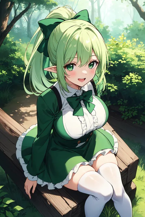 absurdres, (masterpiece: 1.2, best quality: 1.2), comic, (perfect face: 1.2, perfect eyes: 1.2), (extremely detailed beautiful eyes: 1.1), ambient soft lighting, 4K, perfect lighting,
solo focus, a girl with long blonde hair in a ponytail with green eyes resting in the forest, from above, pointy ears, (large breasts: 1.5), (smile: 1.35), open mouth,
(green frilled dress: 1.4), (white legwear), (green hair bow),
(outdoors), forest, tree,