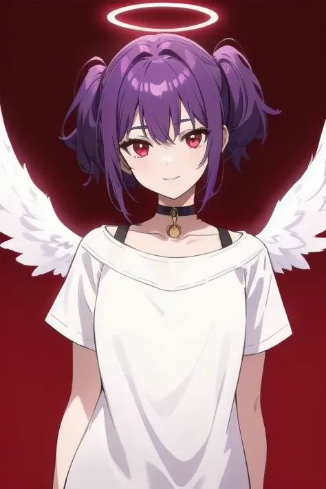 1girl, halo, sketch, halftone,
short hair, purple hair, choker, ((angel wings)), depth of field, (masterpiece, best quality), intricate details, thin, ((slim)), beautiful girl, perfect face, expressive eyes, twintail, white skin, red eyes, sharp jawline, messy hair, plump lips, upper body, smile, closed mouth, fire background, red background, burning background, destruction background, end of times background, negative vibe background, gone world background