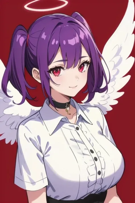 1girl, halo, sketch, halftone,
short hair, purple hair, choker, angel wings, depth of field, (masterpiece, best quality), intricate details, thin, ((slim)), beautiful girl, perfect face, expressive eyes, twintail, white skin, red eyes, sharp jawline, messy hair, plump lips, upper body, smile, closed mouth, fire background, red background, burning background, destruction background, end of times