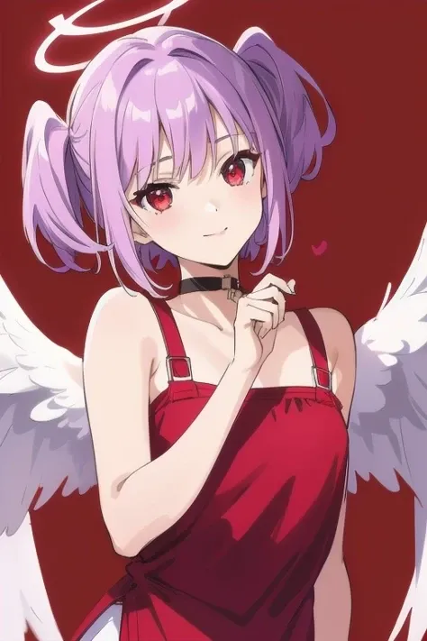 1girl, halo, sketch, halftone,
short hair, purple hair, choker, angel wings, depth of field, (masterpiece, best quality), intricate details, thin, ((slim)), beautiful girl, perfect face, expressive eyes, twintail, white skin, red eyes, sharp jawline, messy hair, plump lips, upper body, smile, closed mouth, fire background, red background, burning background, destruction background