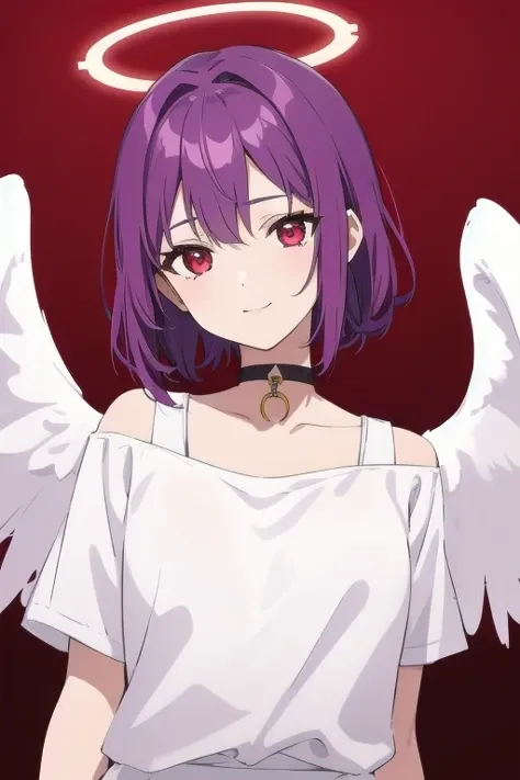 1girl, halo, sketch, halftone,
short hair, purple hair, choker, (((angel wings))), depth of field, (masterpiece, best quality), intricate details, thin, ((slim)), beautiful girl, perfect face, expressive eyes, twintail, white skin, red eyes, sharp jawline, messy hair, plump lips, upper body, smile, closed mouth, fire background, red background, burning background, destruction background, (end of times background), negative vibe background, gone world background