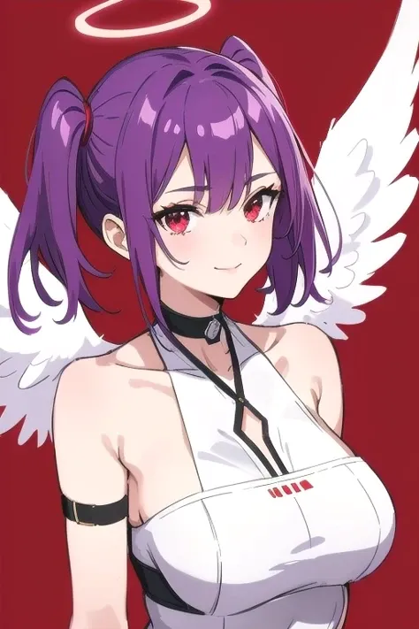 1girl, halo, sketch, halftone,
short hair, purple hair, choker, angel wings, depth of field, (masterpiece, best quality), intricate details, thin, ((slim)), beautiful girl, perfect face, expressive eyes, twintail, white skin, red eyes, sharp jawline, messy hair, plump lips, upper body, smile, closed mouth, fire background, red background, burning background, destruction background, end of times background, negative vibe background