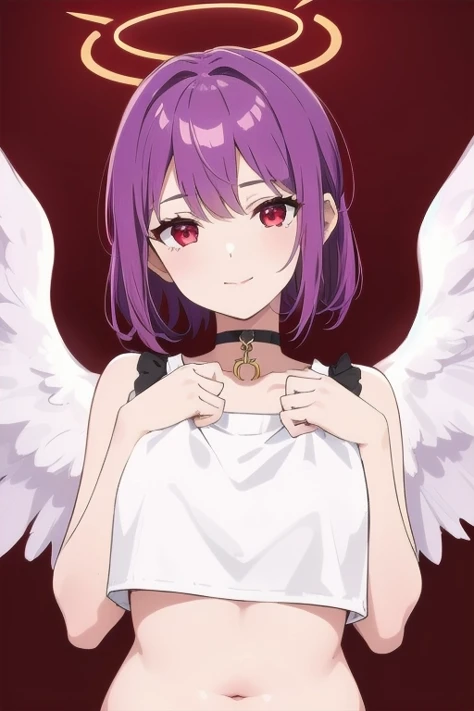 1girl, halo, sketch, halftone,
short hair, purple hair, choker, angel wings, depth of field, (masterpiece, best quality), intricate details, thin, ((slim)), beautiful girl, perfect face, expressive eyes, twintail, white skin, red eyes, sharp jawline, messy hair, plump lips, upper body, smile, closed mouth, fire background, red background, burning background, destruction background