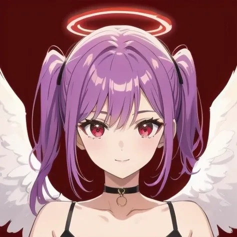 1girl, halo, sketch, halftone,
short hair, purple hair, choker, angel wings, depth of field, (masterpiece, best quality), intricate details, thin, ((slim)), beautiful girl, perfect face, expressive eyes, twintail, white skin, red eyes, sharp jawline, messy hair, plump lips, upper body, smile, closed mouth, fire background, red background, burning background, destruction background, end of times background, negative vibe background