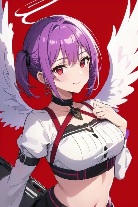 1girl, halo, sketch, halftone,
short hair, purple hair, choker, angel wings, depth of field, (masterpiece, best quality), intricate details, thin, ((slim)), beautiful girl, perfect face, expressive eyes, twintail, white skin, red eyes, sharp jawline, messy hair, plump lips, upper body, smile, closed mouth, fire background, red background, burning background, destruction background, end of times background, negative vibe background, gone world background