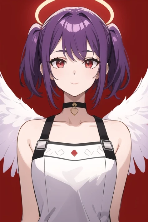 1girl, halo, sketch, halftone,
short hair, purple hair, choker, angel wings, depth of field, (masterpiece, best quality), intricate details, thin, ((slim)), beautiful girl, perfect face, expressive eyes, twintail, white skin, red eyes, sharp jawline, messy hair, plump lips, upper body, smile, closed mouth, fire red destruction background, end of times background