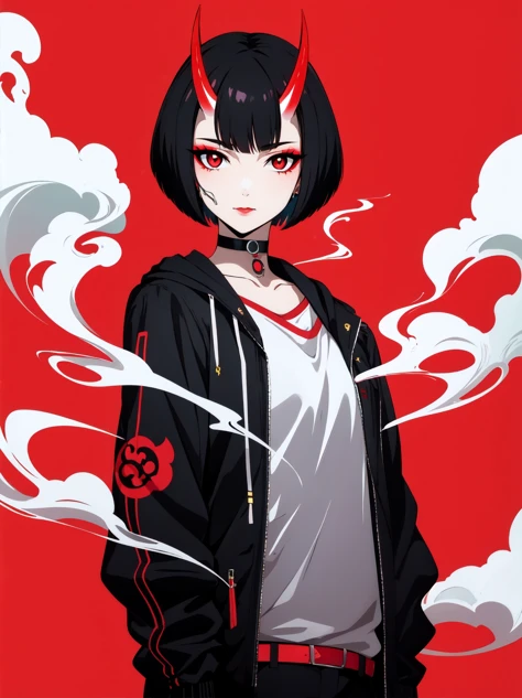 1girl, solo, looking at viewer, short hair, shirt, black hair, upper body, horns, choker, makeup, bob cut, red background, smoke, oni horns, cigarette, oni, smoking, cyborg, cyberpunk,science fiction, (cyberpunk:1.22),<lora:cyberpunk-v1-nai-8ep-resize:0.7>