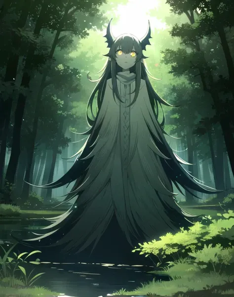 (1girl, (solo), inhuman, creature, (bog moster:1.1), (undead:0.9), (mossy), overgrown:1.1), (masterpiece), hyper detailed, cinematic light, (detailed pupils), high contrast, 8k, dim colors, best quality, absurdres, looking at viewer, (horror), shades, swamp background, night, in water, (yellow lighting:1.4), ((will-o-the-wisp:1.5), orb of light:0.9),