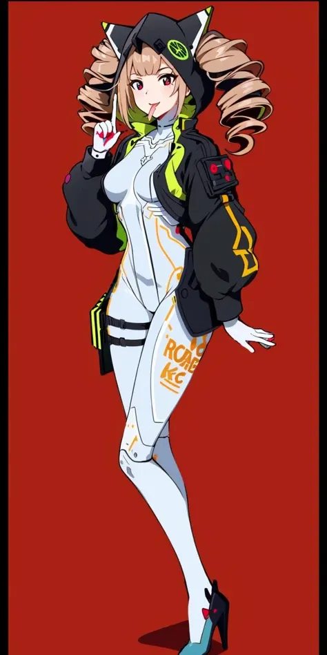 (1girl:1.2),(solo:1.5),masterpiece,best quality,detailed face,highly detailed, best quality, highres, extremely detailed wallpaper,third-party edit,bodysuit,full body,robot joints,drill hair,legs,highheels,finger on lips,(slim legs:1.2),(extremely detailed background:1.5),(big smile,mouth open:1.2),super happy
nice hands, perfect hands, <lora:Shiro_V1:0.9> <lyco:GoodHands-beta2:1.0>
