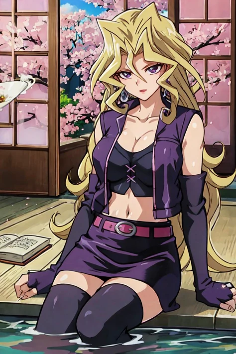 masterpiece, best quality, 1girl, solo, straight-on, looking at viewer,
ANIME_mai_valentine_ownwaifu, www.ownwaifu.com,
blonde hair, long hair, breasts, purple eyes, navel, medium breasts, lipstick, makeup, bangs, hair between eyes, large breasts, collarbone, very long hair, eyelashes, red lips, spiked hair, hair intakes,
cleavage, jewelry, earrings, jacket, midriff, gloves,skirt, belt, miniskirt, fingerless gloves, vest, elbow gloves, open clothes, pencil skirt, detached sleeves, purple skirt, thighhighs, open jacket, purple jacket,
<lora:ANIME_mai_valentine_ownwaifu-15:0.8> , outdoors,absurdres,highres,(porch,sliding doors,cherry blossoms,falling petals:1.2),alcohol,book,choko (cup),cup,fish,petals,(sitting,partially submerged,water:1.2),sake,focused,illustration,cinematic lighting,ultra-detailed, highly detailed, HDR, (high detailed skin:1.2), 8k uhd, high quality, focused,depth_of_field, (scenery, golden_ratio,highres, incredibly_absurdres:0.2),(scenery,sidelighting,masterpiece:0.5),