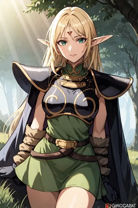 masterpiece, best quality, 1girl, solo, straight-on, looking at viewer,
ANI_CLASSIC_deedlit_ownwaifu, www.ownwaifu.com,
pointy ears, blonde hair, long hair, elf, circlet, green eyes, long pointy ears, very long hair, breasts, medium breasts, earrings, lips, makeup, bangs,
cape, armor, blue cape, shoulder armor, pauldrons, gloves, breastplate, belt, green dress, short dress,
<lora:ANI_CLASSIC_deedlit_ownwaifu:0.8>,, outdoors,absurdres,highres,medieval,architecture,landscape,bird,building,castle,fantasy,flying buttress,grass,hill,mountain,scenery,sky,nature,day,(dappled_sunlight,sunlight,sunbeam,light_rays),focused,illustration,cinematic lighting,ultra-detailed, highly detailed, HDR, (high detailed skin:1.2), 8k uhd, high quality, focused,depth_of_field, (scenery, golden_ratio,highres, incredibly_absurdres:0.2),(scenery,sidelighting,masterpiece:0.5),