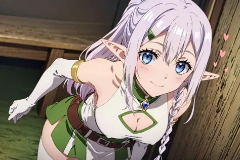 masterpiece, best quality, 1girl, solo, spoken heart, 
indoors,
<lora:chara_IsekaiNonbiriNouka_Ria_v1:0.8> ria, ria_\(isekai_nonbiri_nouka\), blue eyes, tareme, eyelashes, pink hair, very long hair, braid, side braid, frentch braid, single braid, half updo, ponytail, hair between eyes, sidelocks, hair ornament, hairclip, pointy ears, elf, medium breasts, 
gem, dress, green dress, two-tone dress, white dress, sleeveless, sleeveless dress, gloves, elbow gloves, white gloves, armlet, jewelry, cleavage cutout, belt, short dress, thighhighs, white thighhighs, bare shoulders, cleavage, breasts, covered nipples, 
looking at viewer, bent over, from above, close-up, looking up, (upturned eyes:1.5),  portrait, steam, reaching out, 
smile, open mouth,  heavy breathing, sweat,
