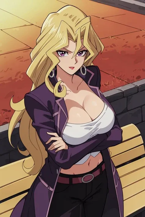(masterpiece, best quality), intricate details
1girl, mai valentine, long hair, blonde hair, jewelry, purple eyes, earrings, makeup, lipstick, red fingerless gloves, purple jacket, white bustier, purple skirt, black belt, black boots, huge breasts
