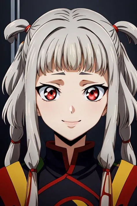 (masterpiece, best quality:1.2), highres, anime screencap, anime coloring, 1girl, solo, smile,
Tianzi_V2, grey hair, long hair, quad tails, sidelocks, blunt bangs, hair tubes, hair rings, hair ornament, red eyes,
looking at viewer, facing viewer, portrait, face focus,
<lora:add_detail_CyberAlchemist:0.4>, <lora:GoodHands-beta2:0.8>, <lora:TianziV2_2-000009:0.8>