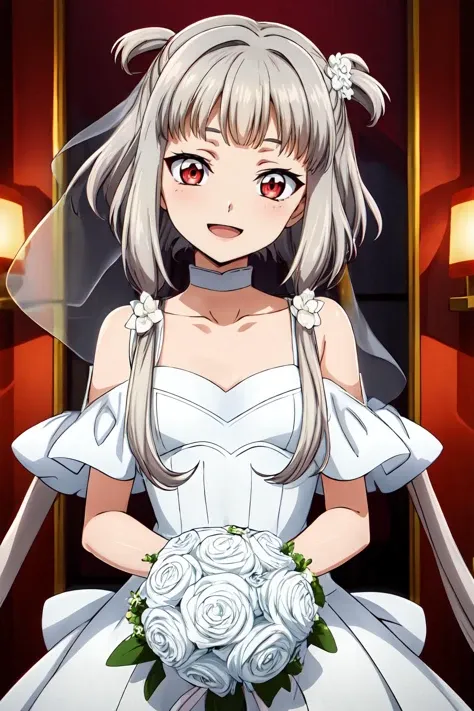 (masterpiece, best quality:1.2), highres, anime screencap, anime coloring, 1girl, solo, smile, happy, smile, open mouth, head tilt,
Tianzi_V2, grey hair, long hair, quad tails, sidelocks, blunt bangs, hair tubes, hair rings, hair flower, red eyes, white choker,
bride, bridal veil, white dress, wedding dress, collarbone, holding bouquet,
indoors, looking at viewer, facing viewer,
<lora:add_detail_CyberAlchemist:0.4>, <lora:GoodHands-beta2:0.8>, <lora:TianziV2_2-000009:0.8>