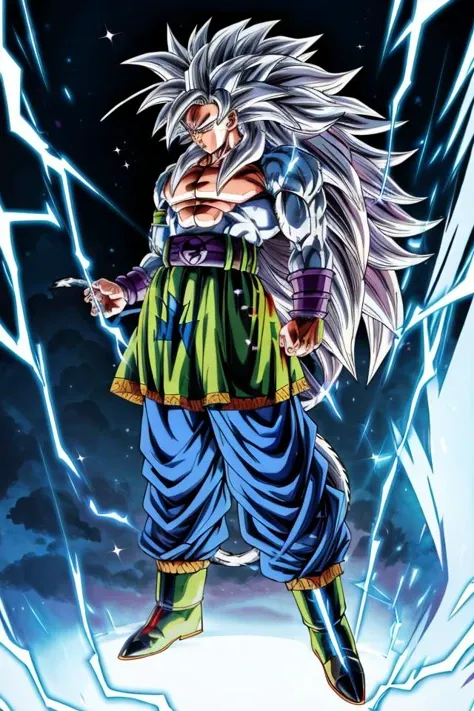 highres, high quality, Super_Saiyan_5_Goku, 1boy, male focus, (white fur:1), red eyes, tail, white hair, long hair, spiked hair, big hair, massive hair, very long hair, full body, highly detailed, aura, lightning, electricity, sparkle, divine, majestic,
<lora:Super_Saiyan_5_Goku_v3:0.8>
<lora:DragonballMerge:0.2> 
<lora:more_details:0.5>
<lora:tangbohu-detailer_1.0:0.5>