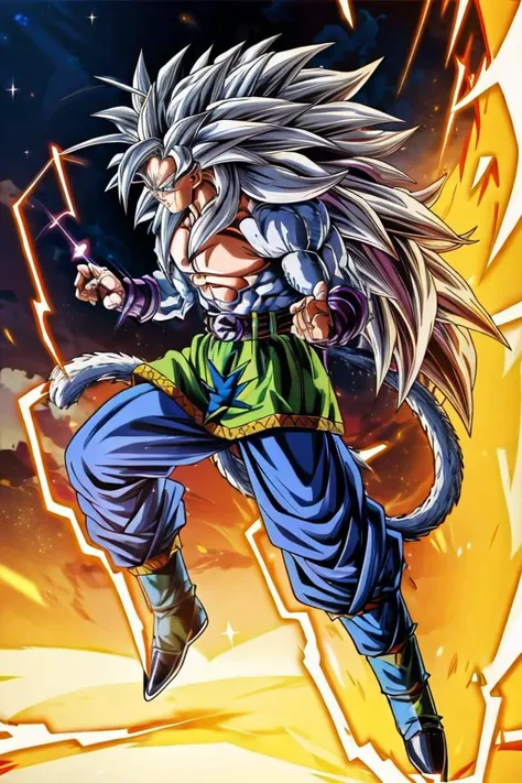 highres, high quality, Super_Saiyan_5_Goku, 1boy, male focus, (white fur:1), red eyes, tail, white hair, long hair, spiked hair, big hair, massive hair, very long hair, full body, highly detailed, aura, lightning, electricity, sparkle, divine, majestic,
<lora:Super_Saiyan_5_Goku_v3:0.8>
<lora:DragonballMerge:0.2> 
<lora:more_details:0.5>
<lora:tangbohu-detailer_1.0:0.5>