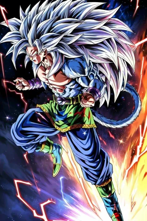 highres, high quality, Super_Saiyan_5_Goku, 1boy, male focus, (white fur:1), red eyes, tail, white hair, long hair, spiked hair, big hair, massive hair, very long hair, full body, highly detailed, aura, lightning, electricity, sparkle, divine, majestic,
<lora:Super_Saiyan_5_Goku_v3:0.8>
<lora:DragonballMerge:0.2> 
<lora:more_details:0.5>
<lora:tangbohu-detailer_1.0:0.5>